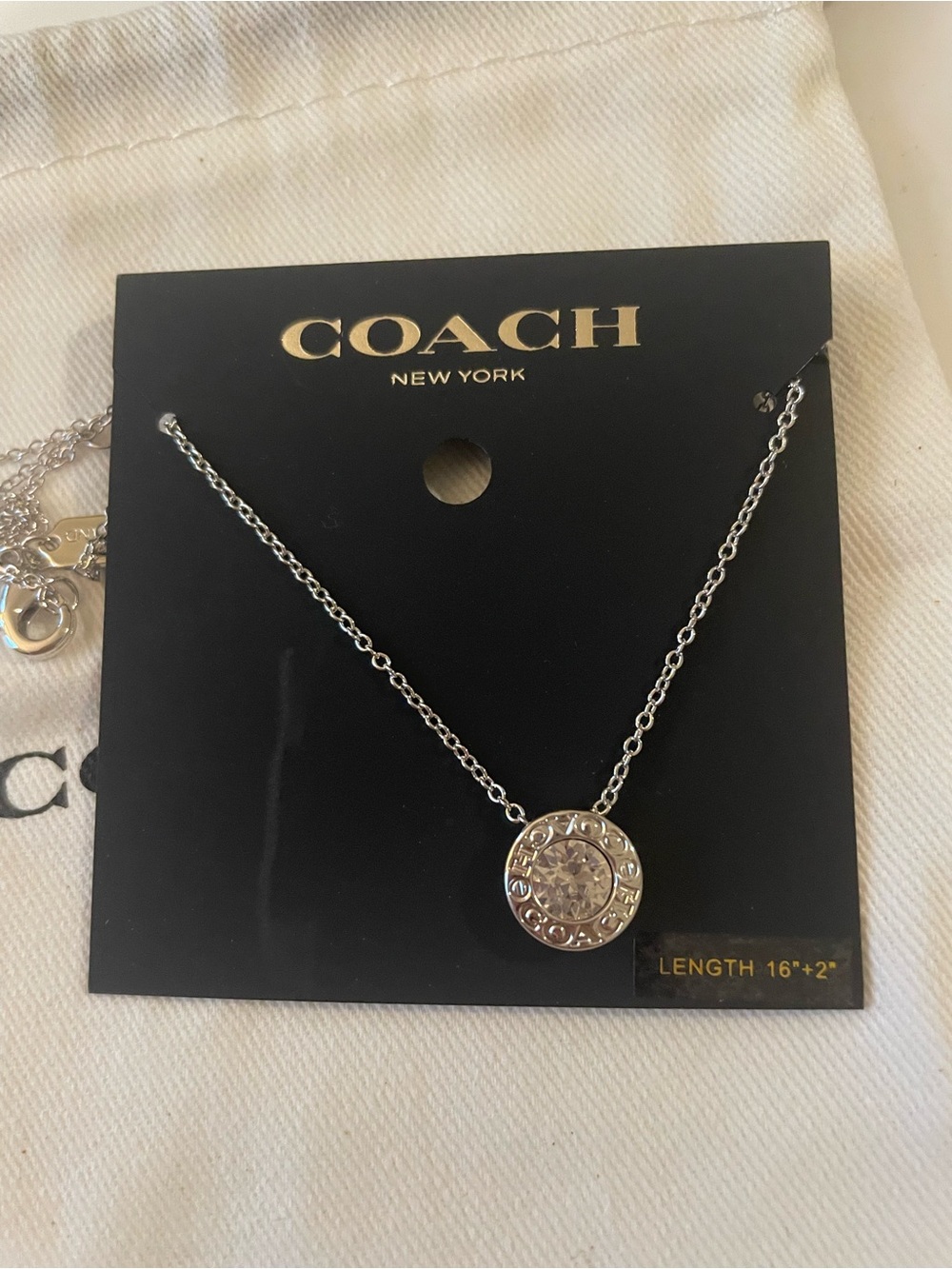 COACH Silver-Tone Crystal Disc Pendant Necklace